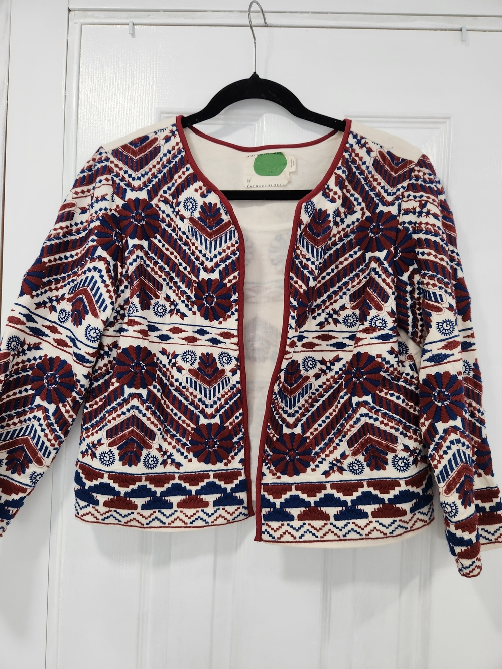 Anthropologie Embroidered  Women's Sweater Jacket - Cream with Rust & Navy